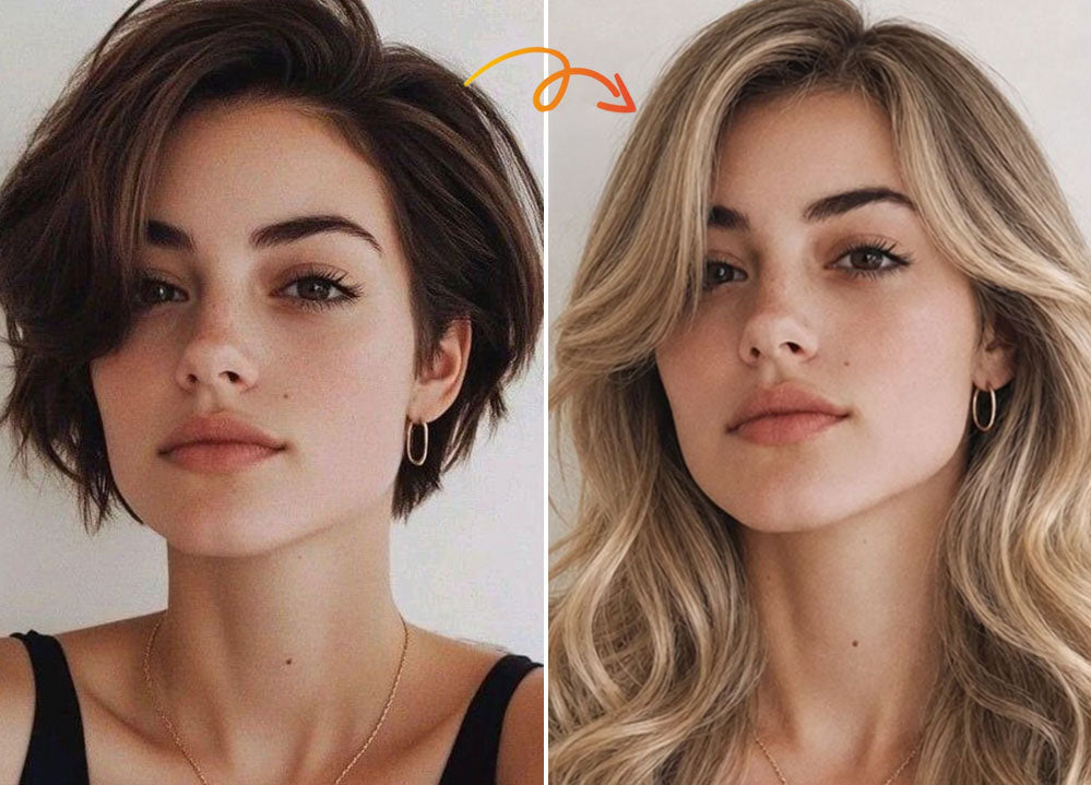 Virtuele hair make-over: voor en na met donker en blond haar